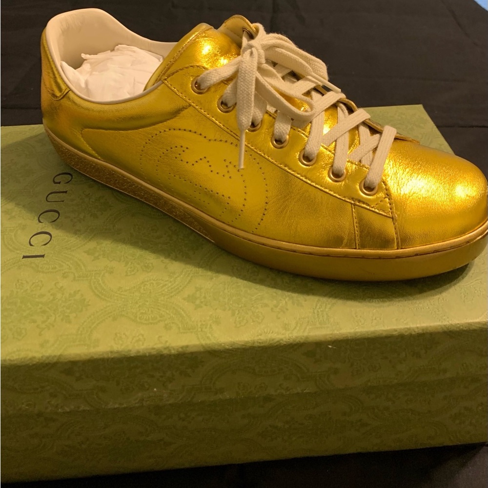 Gucci Metallic Gold Sneakers with Cream Laces